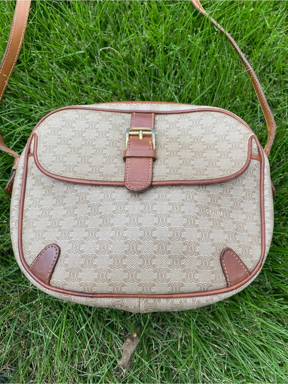 Celine Beige Canvas and Brown Leather Trim Crossbody Bag